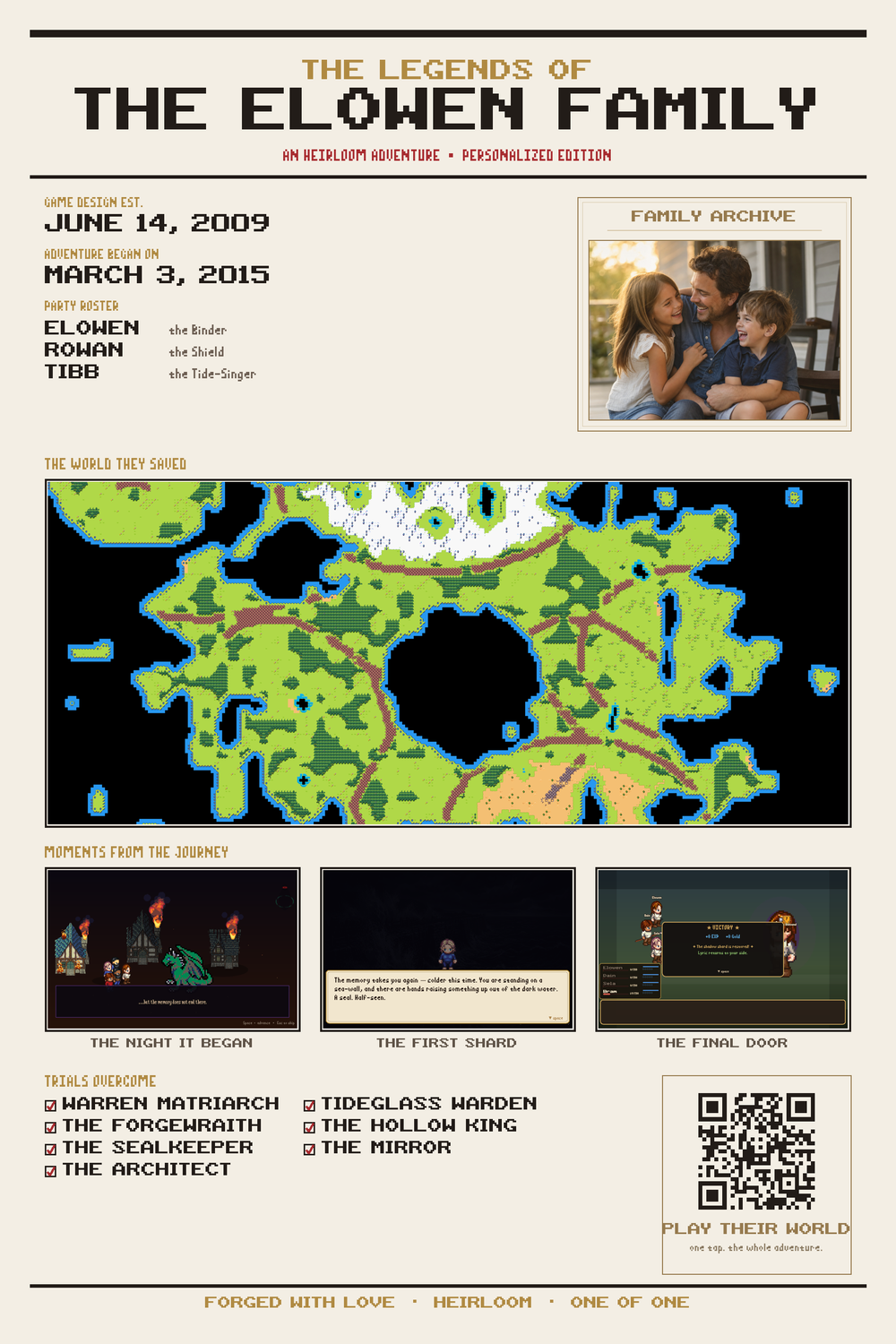 A real HEIRLOOM keepsake poster: family photo, party roster, their world map, and the scan-to-play code